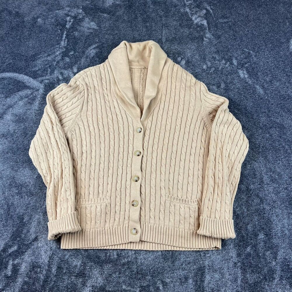 Vtg Lauren Ralph Lauren Chunky Cable Knit Shawl Collar Cotton Cardigan L/XL*